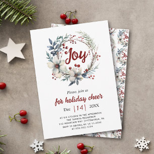 Wreath, red flowers, berries Joy Christmas party I Invitation