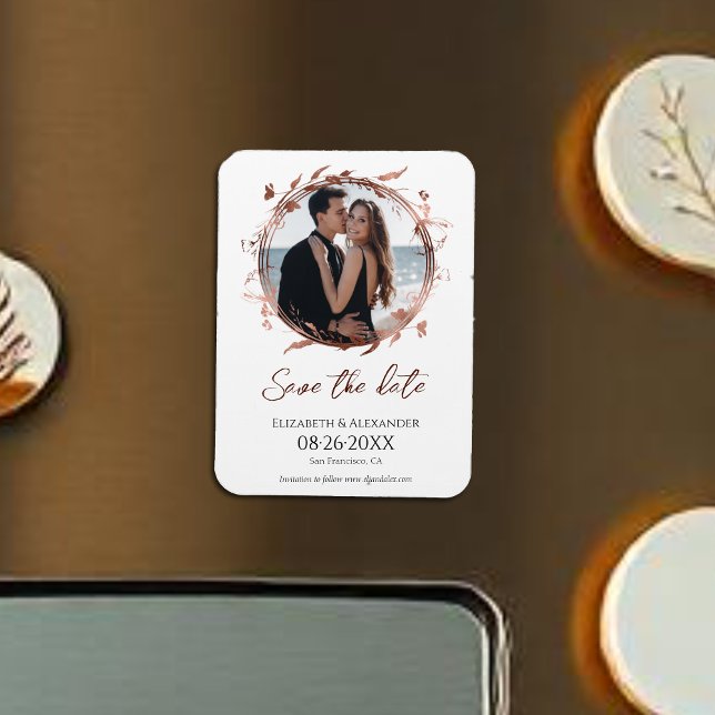 Wreath Rose Gold Foil Photo Save The Date Magnet (Creator Uploaded)