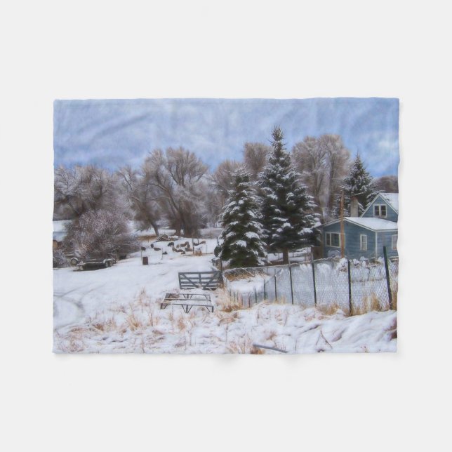 Wreath Snowy Ranch House Fleece Blanket (Front (Horizontal))