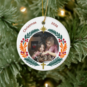 Wreath Star and Cross Christian Custom Photo Ceramic Tree Decoration