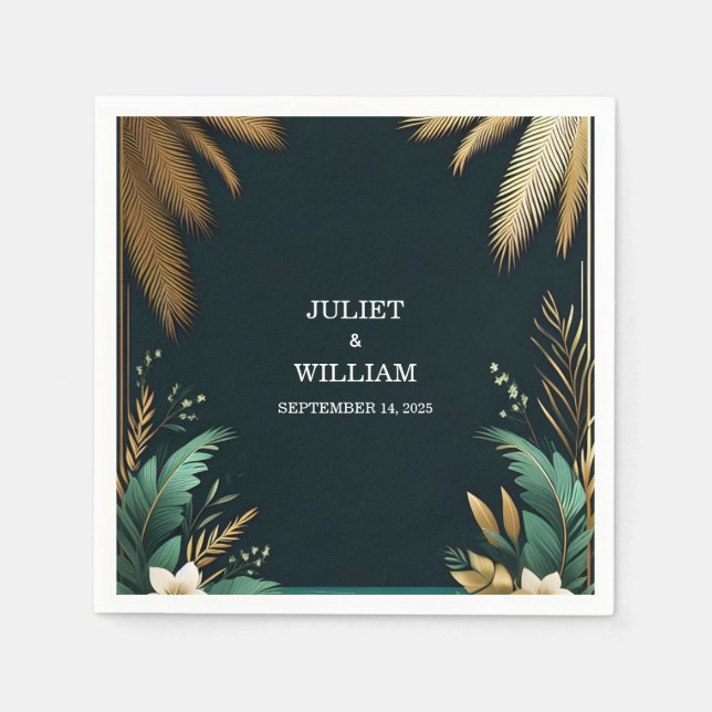 Wreath Teal Palm Beach Green And Gold Wedding Napkin (Front)