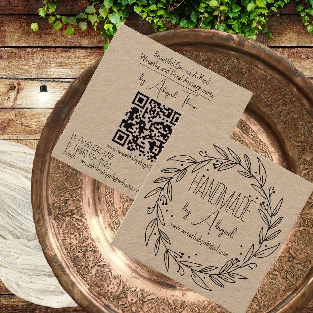 Wreath Vines Handmade | Handcrafted Business Card (Wreath and Vines "Handmade" Crafting QR Code Kraft Paper Business Card )