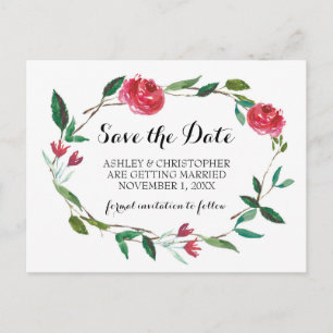 Wreath Wedding Save The Date - boho burgundy roses Announcement Postcard