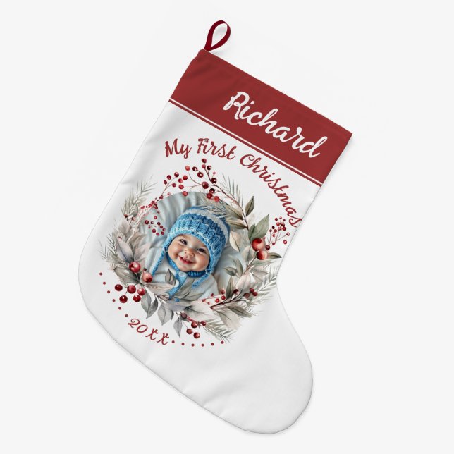 Wreath with berries Baby's First Christmas photo  Large Christmas Stocking (Front (Hanging))
