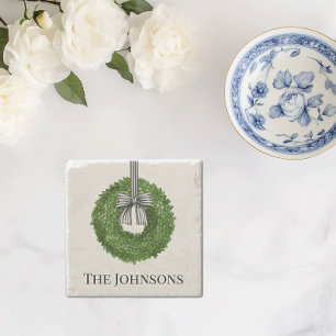 Wreath with black and white stripe bow  stone coaster