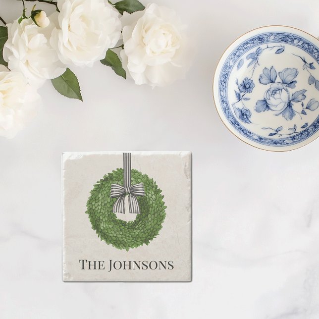 Wreath with black and white stripe bow  stone coaster (personalized boxwood wreath stone coaster custom name)