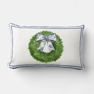 Wreath with Blue Toile Bow Lumbar Cushion