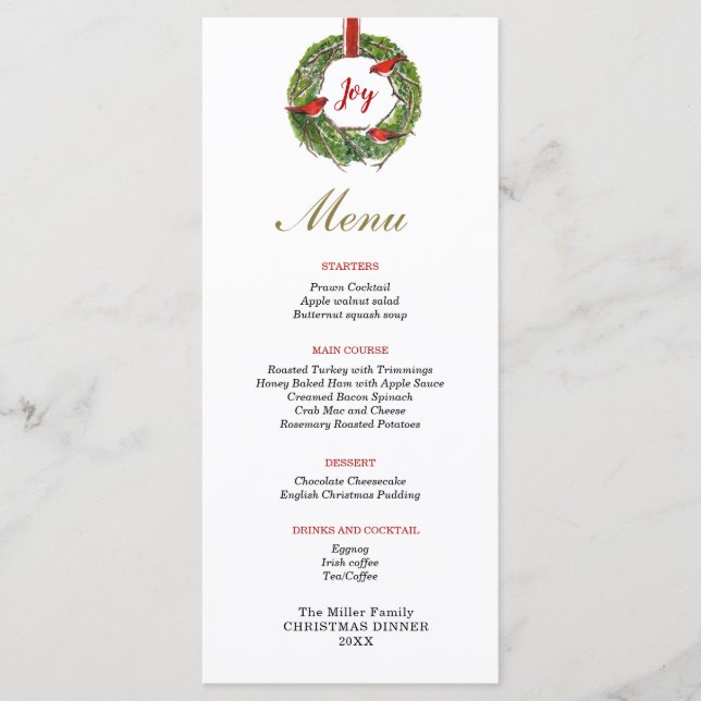 Wreath with bow and cardinals Christmas dinner Menu (Front)