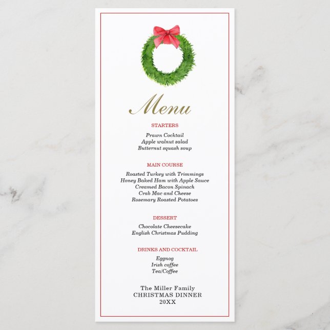 Wreath with bow Christmas dinner Menu (Front)