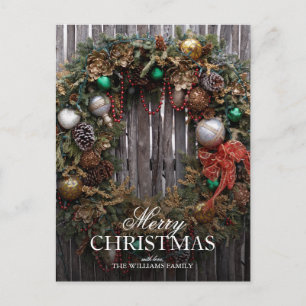Wreath with decor on rustic door holiday postcard