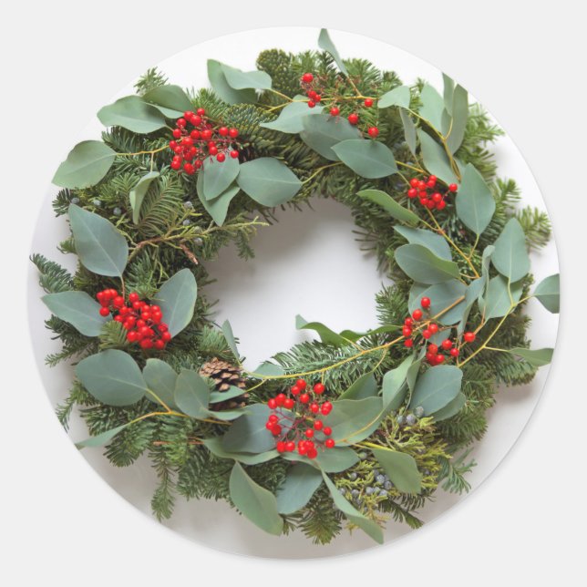 Wreath with eucalyptus and berries classic round sticker (Front)