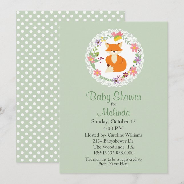 Wreath with Fox Green Baby Shower Invitation (Front/Back)