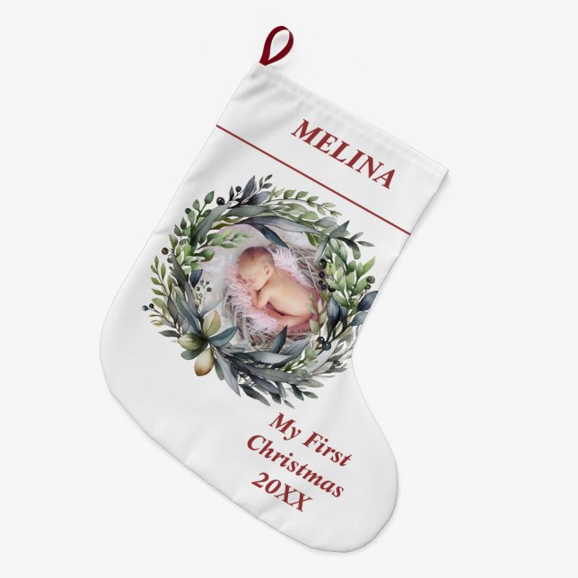 Wreath with greenery Baby's First Christmas photo Large Christmas Stocking (Front (Hanging))
