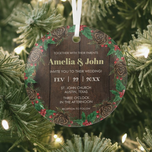 Wreath With Pine Wedding Invitation Christmas Glass Tree Decoration (Insitu)