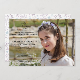 Wreathed Initials - Dark First Holy Communion Invitation