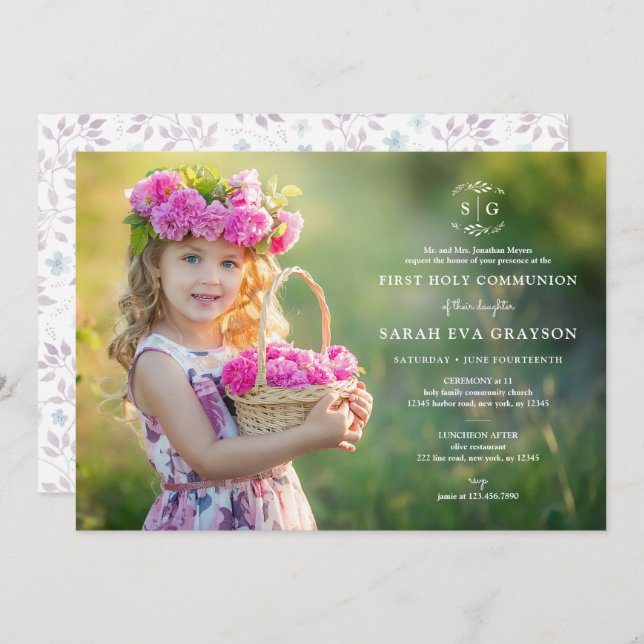 Wreathed Initials First Holy Communion Invitation (Front/Back)