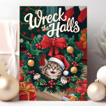 Wreck the Halls Funny Cat Christmas Card<br><div class="desc">Add some humour to the holiday season with this playful "Wreck the Halls" Christmas card! Featuring an adorable cat wearing a Santa hat and peeking through a festive wreath, this card is perfect for cat lovers who can relate to the mischief their furry friends get into around the holidays. The...</div>