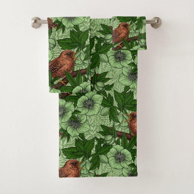 Wren and hellebore, light green bath towel set (Insitu)
