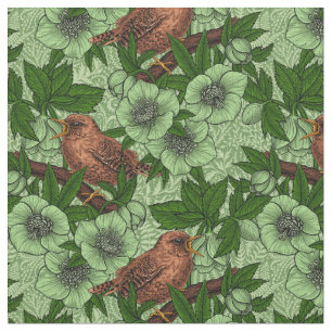 Wren and hellebore, light green fabric