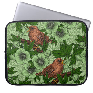 Wren and hellebore, light green laptop sleeve