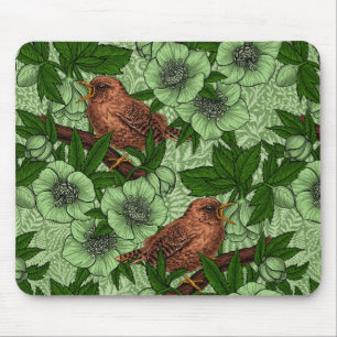 Wren and hellebore, light green mouse pad