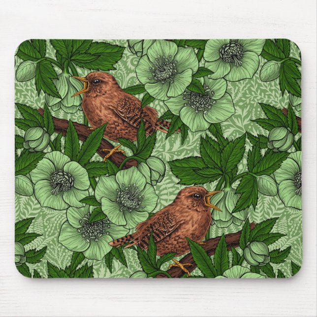 Wren and hellebore, light green mouse pad (Front)