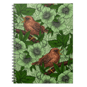 Wren and hellebore, light green notebook