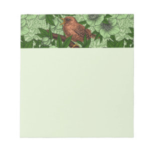 Wren and hellebore, light green notepad
