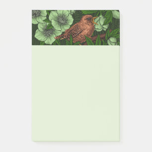 Wren and hellebore, light green post-it notes