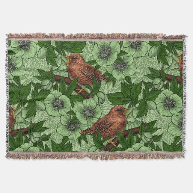Wren and hellebore, light green throw blanket (Front)
