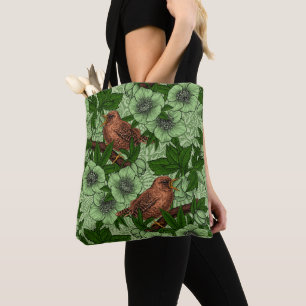 Wren and hellebore, light green tote bag