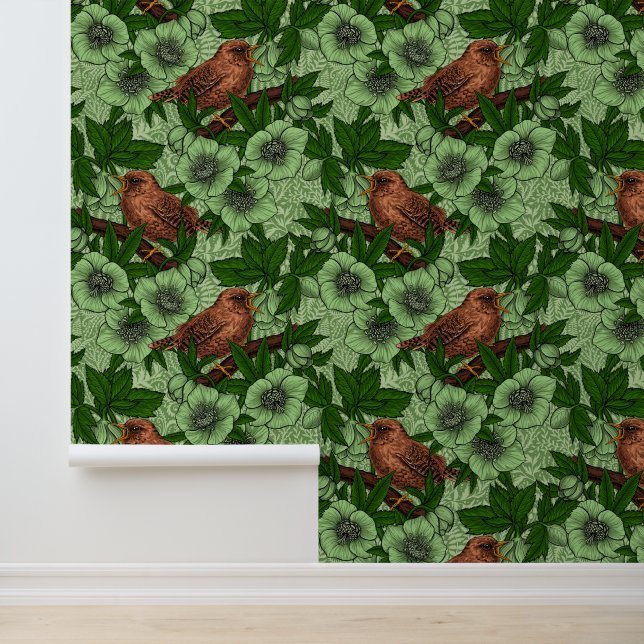Wren and hellebore, light green wallpaper (Application)