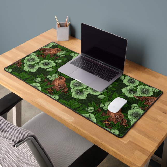 Wren and hellebore on dark green desk mat (Office 2)