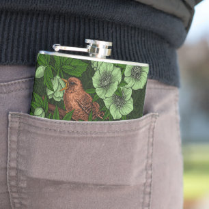 Wren and hellebore on dark green hip flask