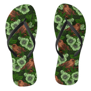 Wren and hellebore on dark green jandals