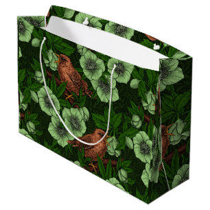 Wren and hellebore on dark green large gift bag