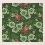 Wren and hellebore on dark green scarf<br><div class="desc">Hand- painted vector illustration of a wren bird perching on a fallen branch amongst hellebore flowers</div>