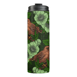 Wren and hellebore on dark green thermal tumbler