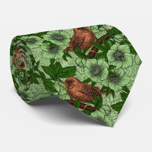 Wren and hellebore on dark green tie