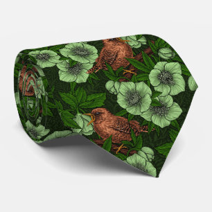 Wren and hellebore on dark green tie