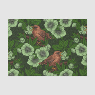Wren and hellebore on dark green tissue paper