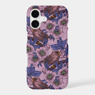 Wren and hellebore, pink and violet