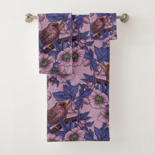 Wren and hellebore, pink and violet bath towel set