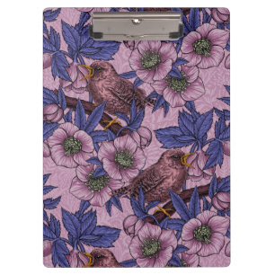 Wren and hellebore, pink and violet clipboard