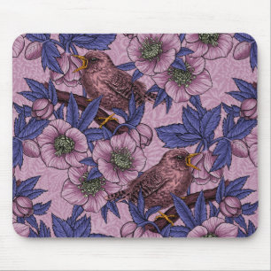 Wren and hellebore, pink and violet mouse pad