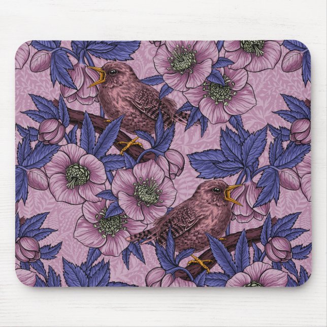 Wren and hellebore, pink and violet mouse pad (Front)