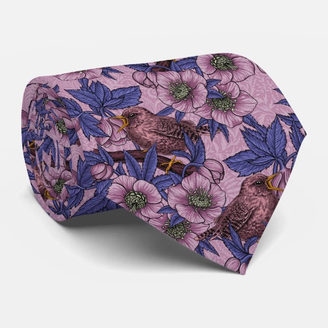 Wren and hellebore, pink and violet tie (Rolled)