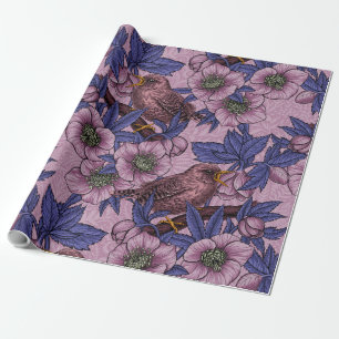 Wren and hellebore, pink and violet wrapping paper