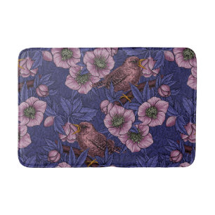 Wren and hellebore, violet and pink bath mat
