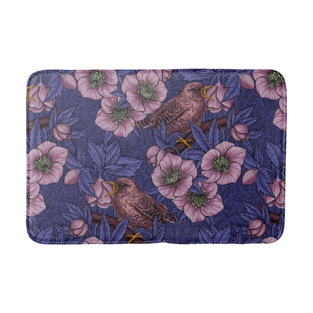 Wren and hellebore, violet and pink bath mat (Front)
